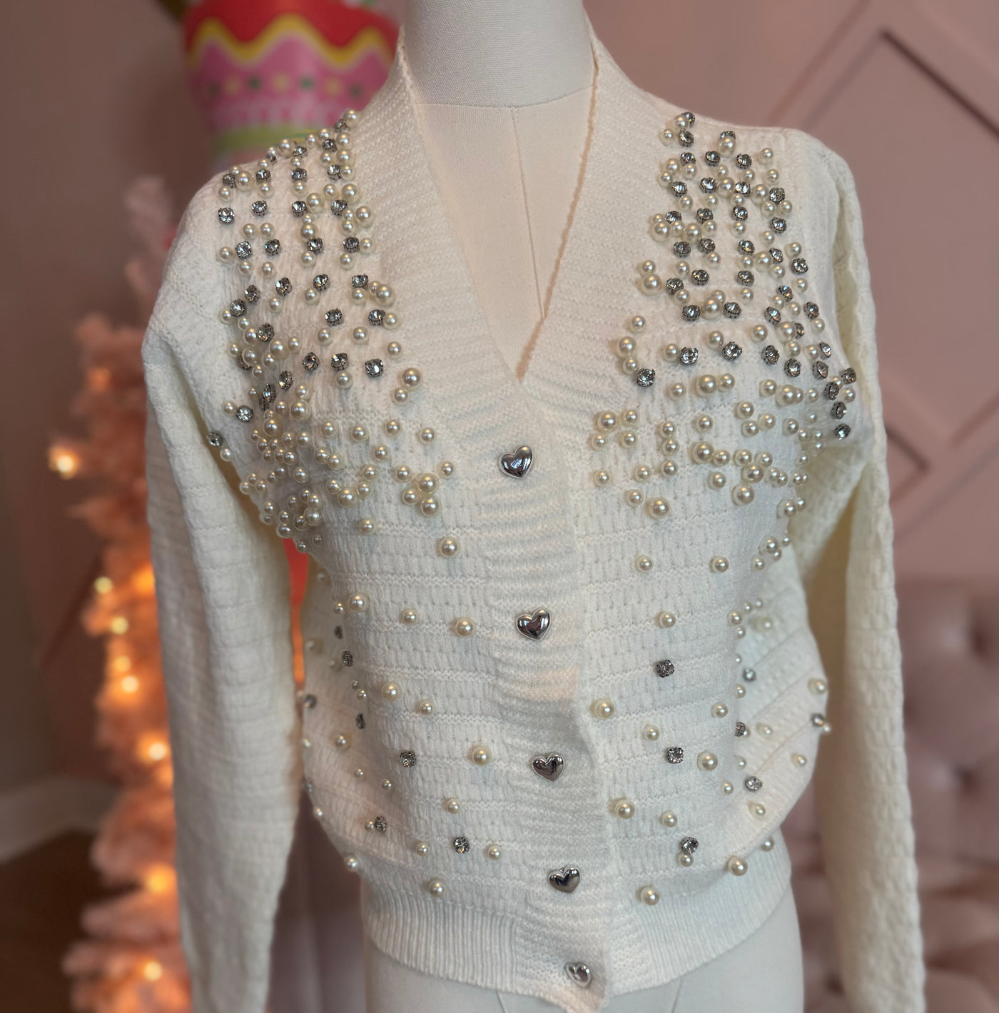 Ivory Pearl & Rhinestone Cardigan Sweater