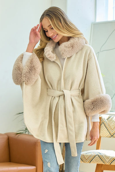 Cream Faux Fur Trimmed Poncho