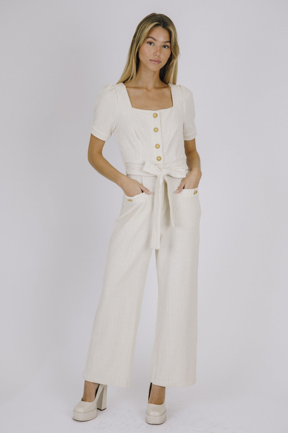 White & Gold Textured Jumpsuit