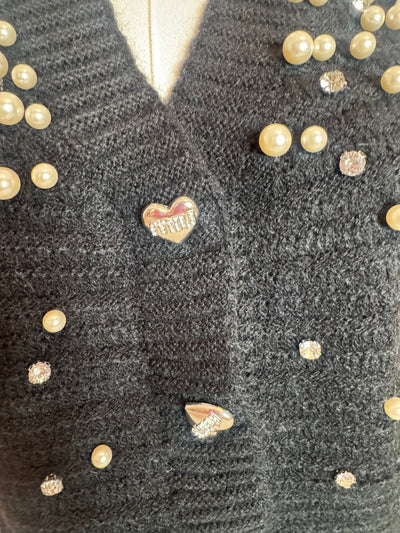 Black Pearl & Rhinestone Cardigan Sweater