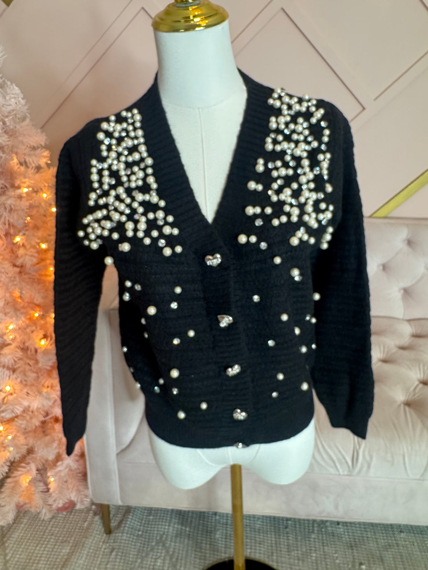 Black Pearl & Rhinestone Cardigan Sweater