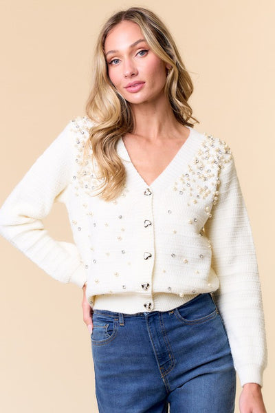 Ivory Pearl & Rhinestone Cardigan Sweater