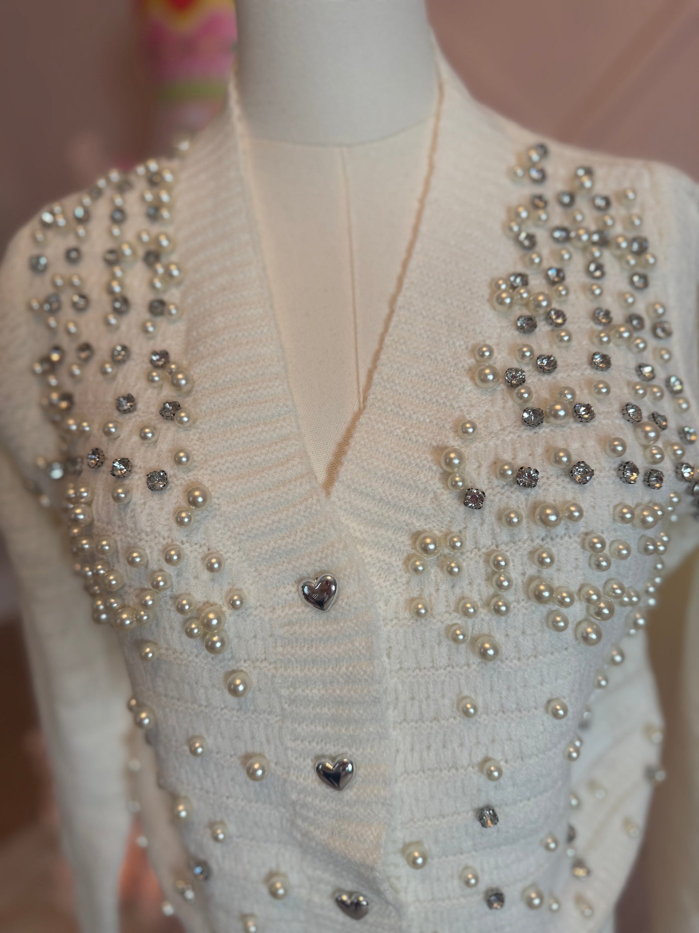 Ivory Pearl & Rhinestone Cardigan Sweater