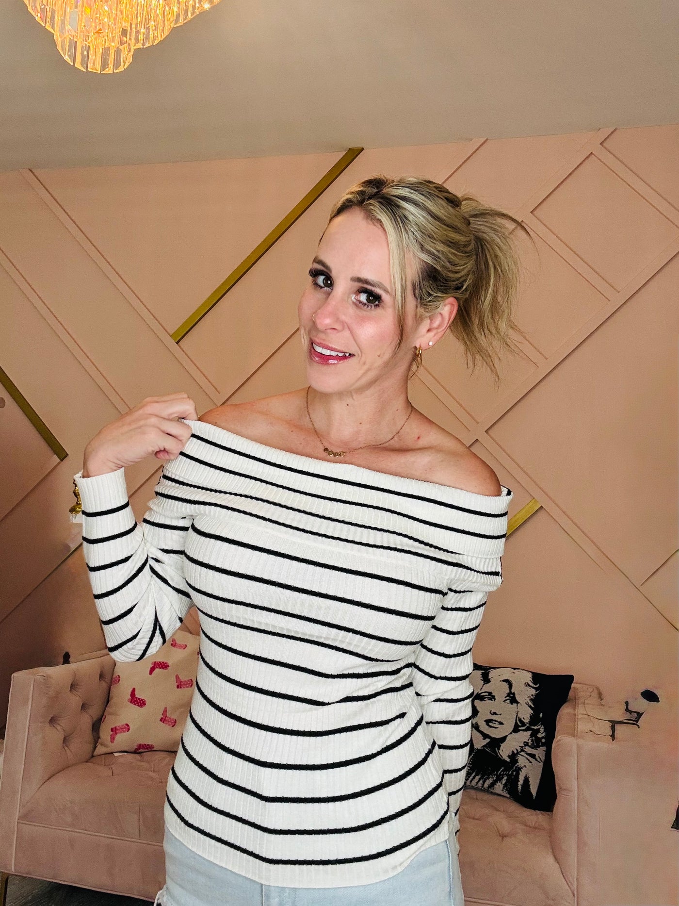 White/Black Stripe Off Shoulder Too