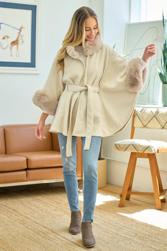 Cream Faux Fur Trimmed Poncho