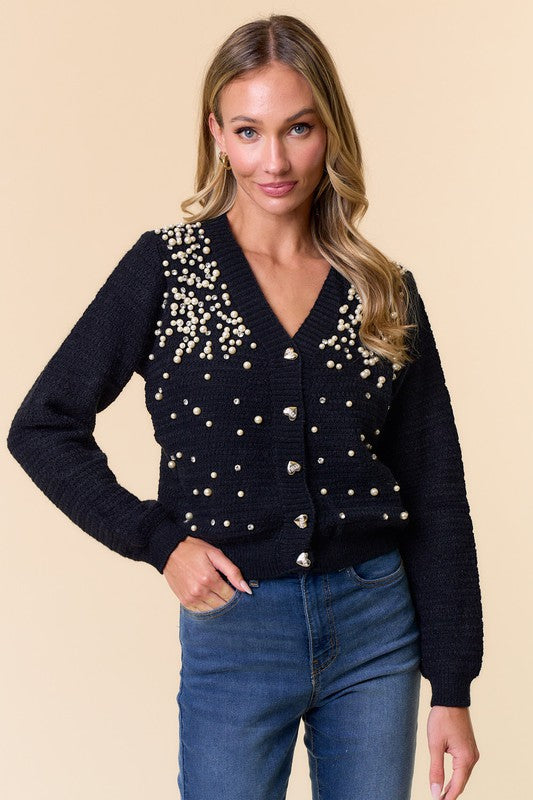 Black Pearl & Rhinestone Cardigan Sweater