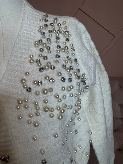 Ivory Pearl & Rhinestone Cardigan Sweater