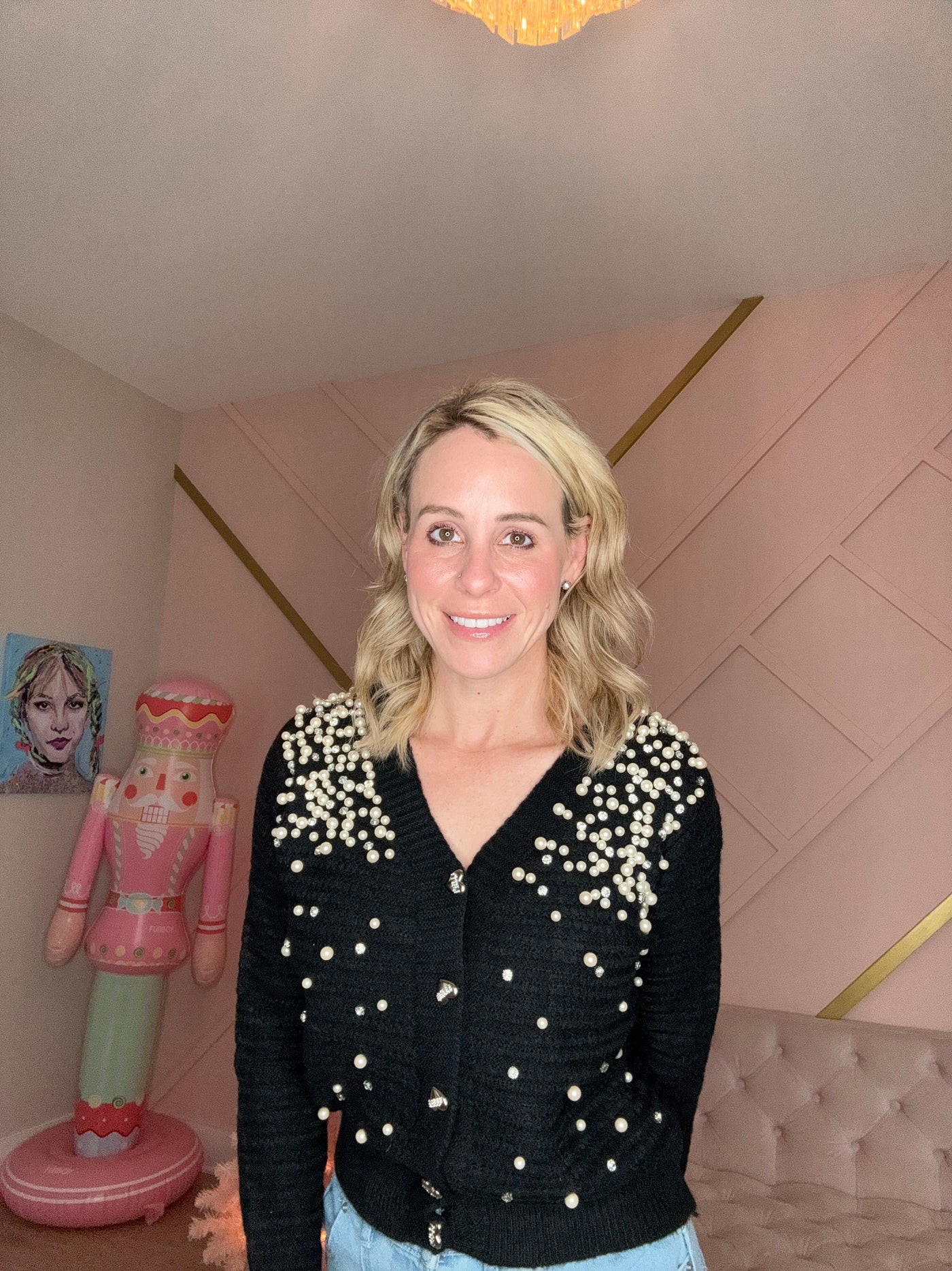 Black Pearl & Rhinestone Cardigan Sweater