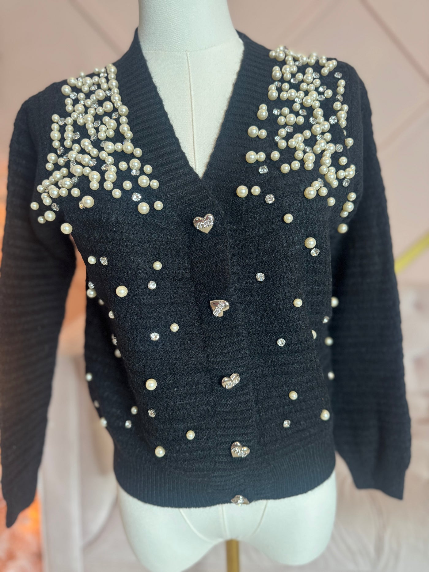 Black Pearl & Rhinestone Cardigan Sweater