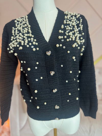 Black Pearl & Rhinestone Cardigan Sweater