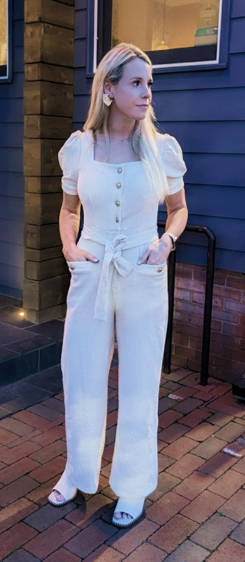 White & Gold Textured Jumpsuit