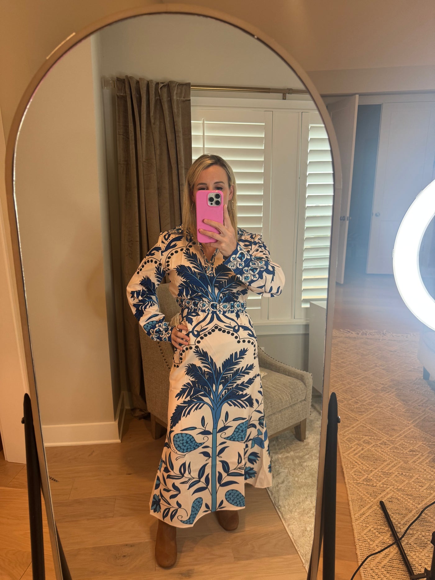 Two piece printed blue palm top and skirt