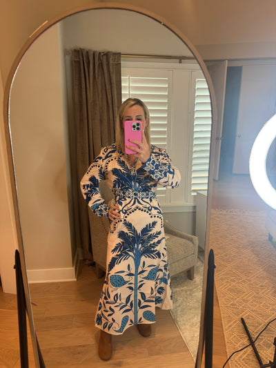 Two piece printed blue palm top and skirt