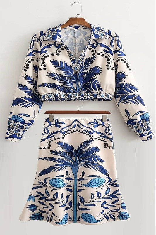 Two piece printed blue palm top and skirt