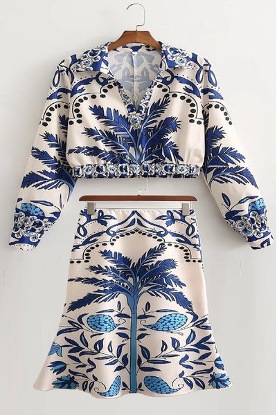 Two piece printed blue palm top and skirt