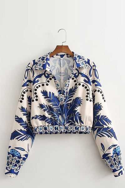 Two piece printed blue palm top and skirt