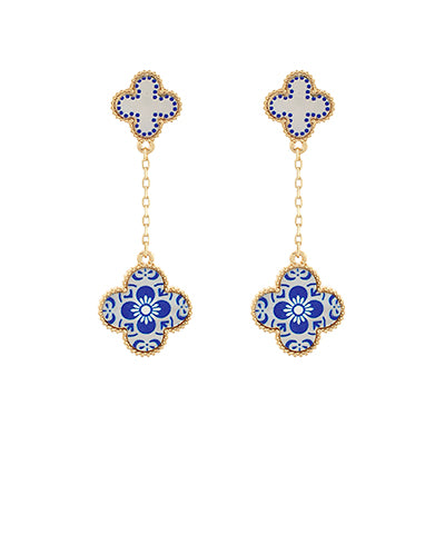 Blue Patterned Clover Earrings