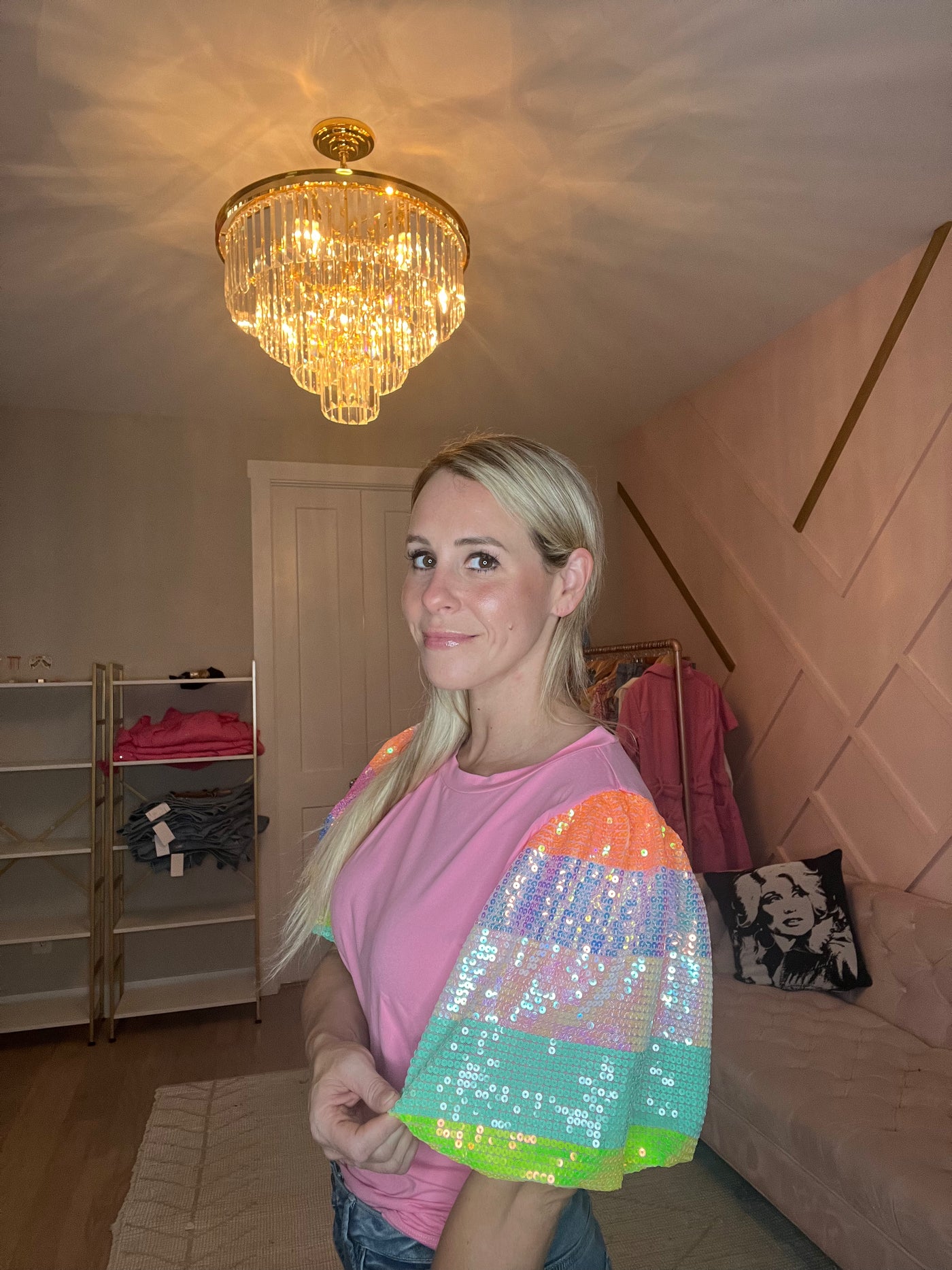 Pink Bubble Sleeve Sequined Top