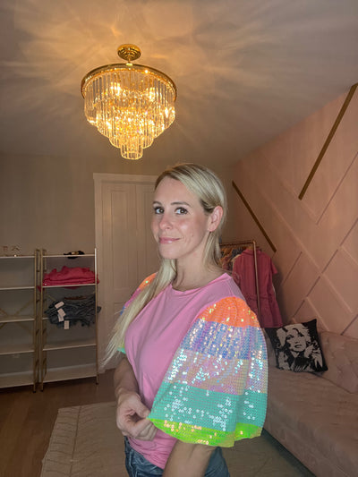 Pink Bubble Sleeve Sequined Top