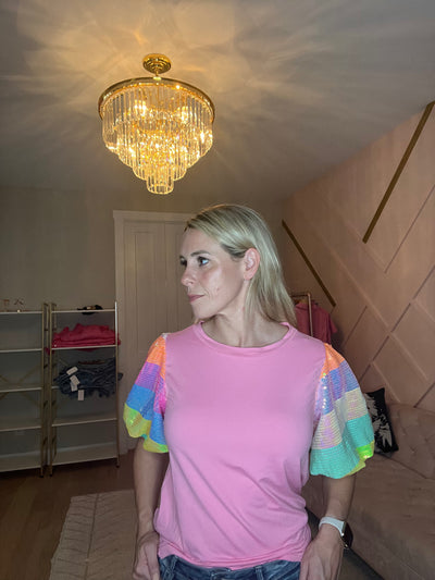 Pink Bubble Sleeve Sequined Top