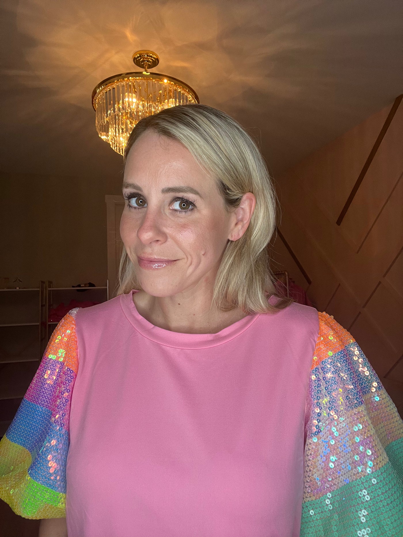 Pink Bubble Sleeve Sequined Top