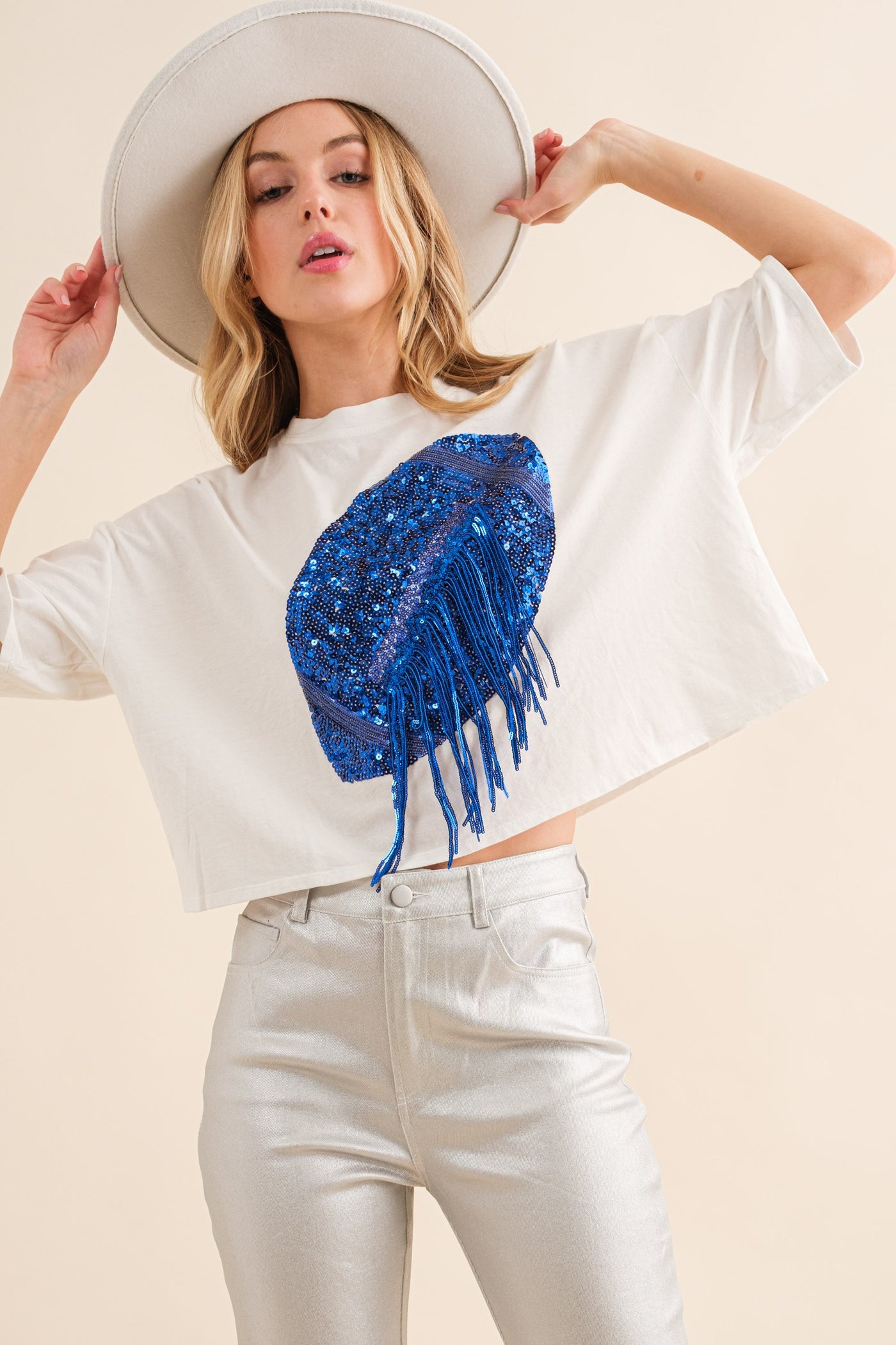 Blue Football Embellished Crop Top