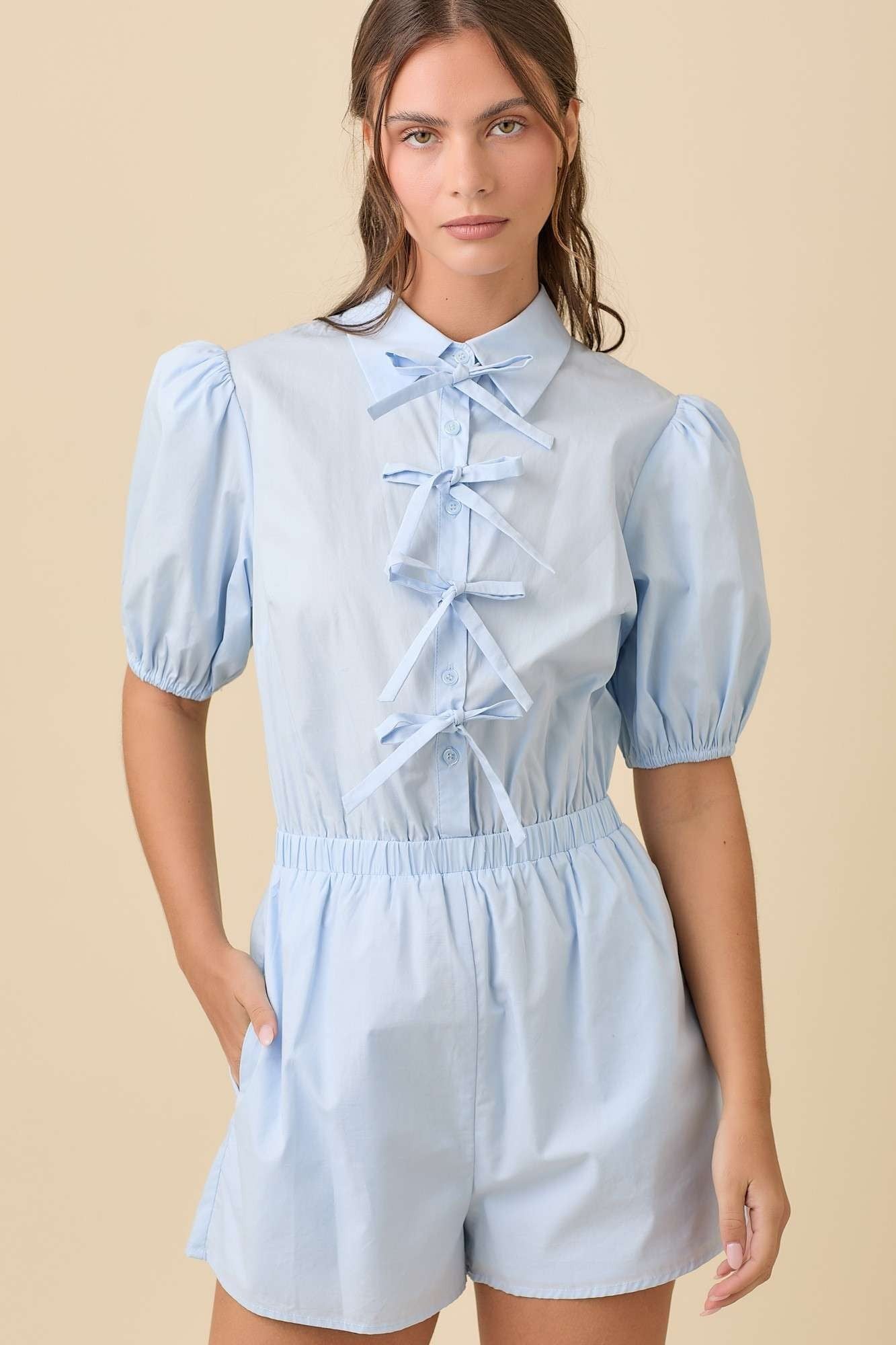 Blue Collared Romper w/Pockets