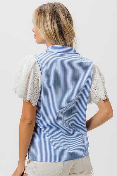 Lace Blue Striped Blouse