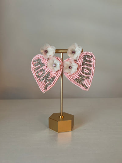 Mom Heart Shaped Beaded Earrings