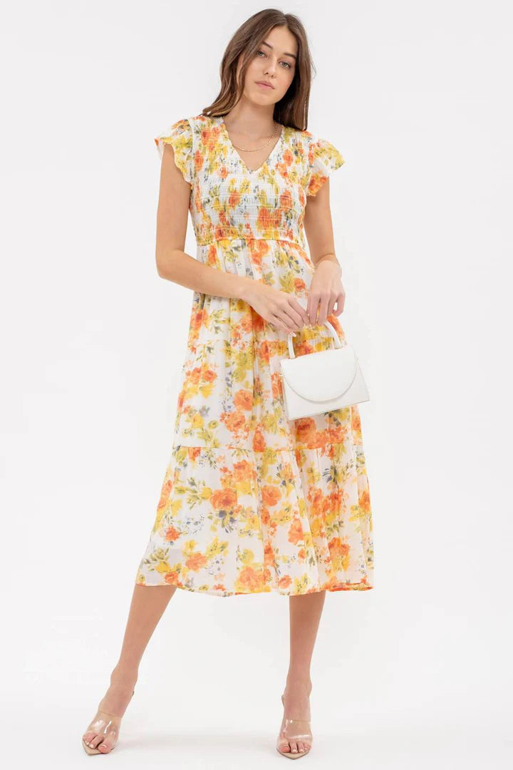 Floral Flutter Sleeve Midi Dress